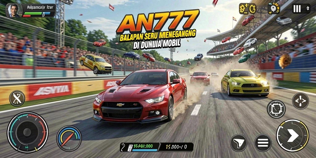 Tampilan aksi balapan dengan mobil yang melaju kencang.