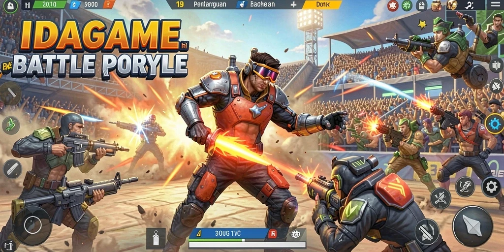 Tampilan aksi dalam IDAGAME yang intens di medan perang Battle Royale.