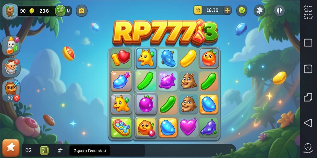 Screenshot utama gameplay RP777 dengan permata yang berwarna-warni.