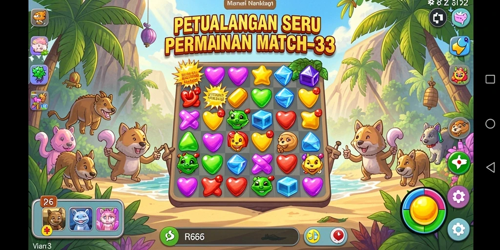 Screenshot gameplay Match-3 RR666 yang penuh warna dan menantang.