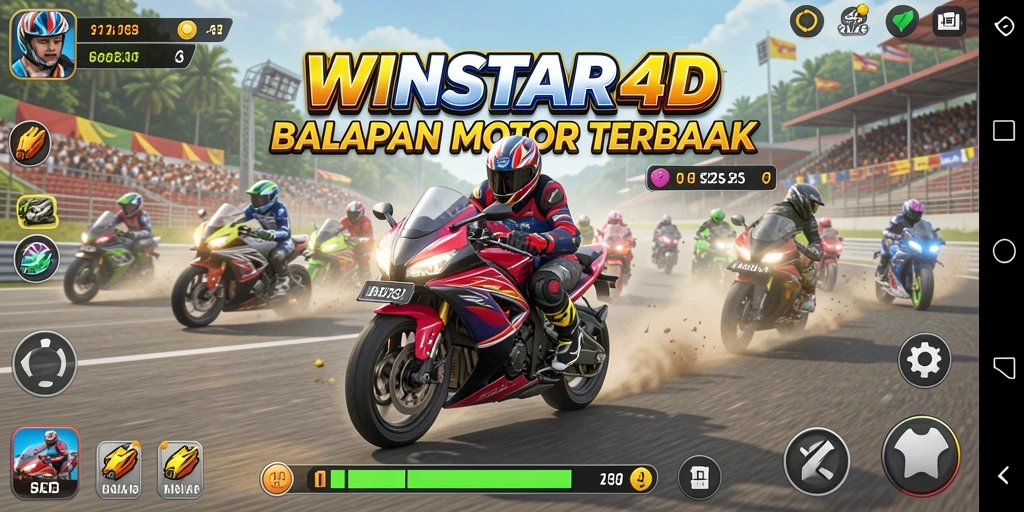 Tangkapan layar gameplay <strong>WINSTAR4D</strong> menampilkan aksi balapan yang mendebarkan.